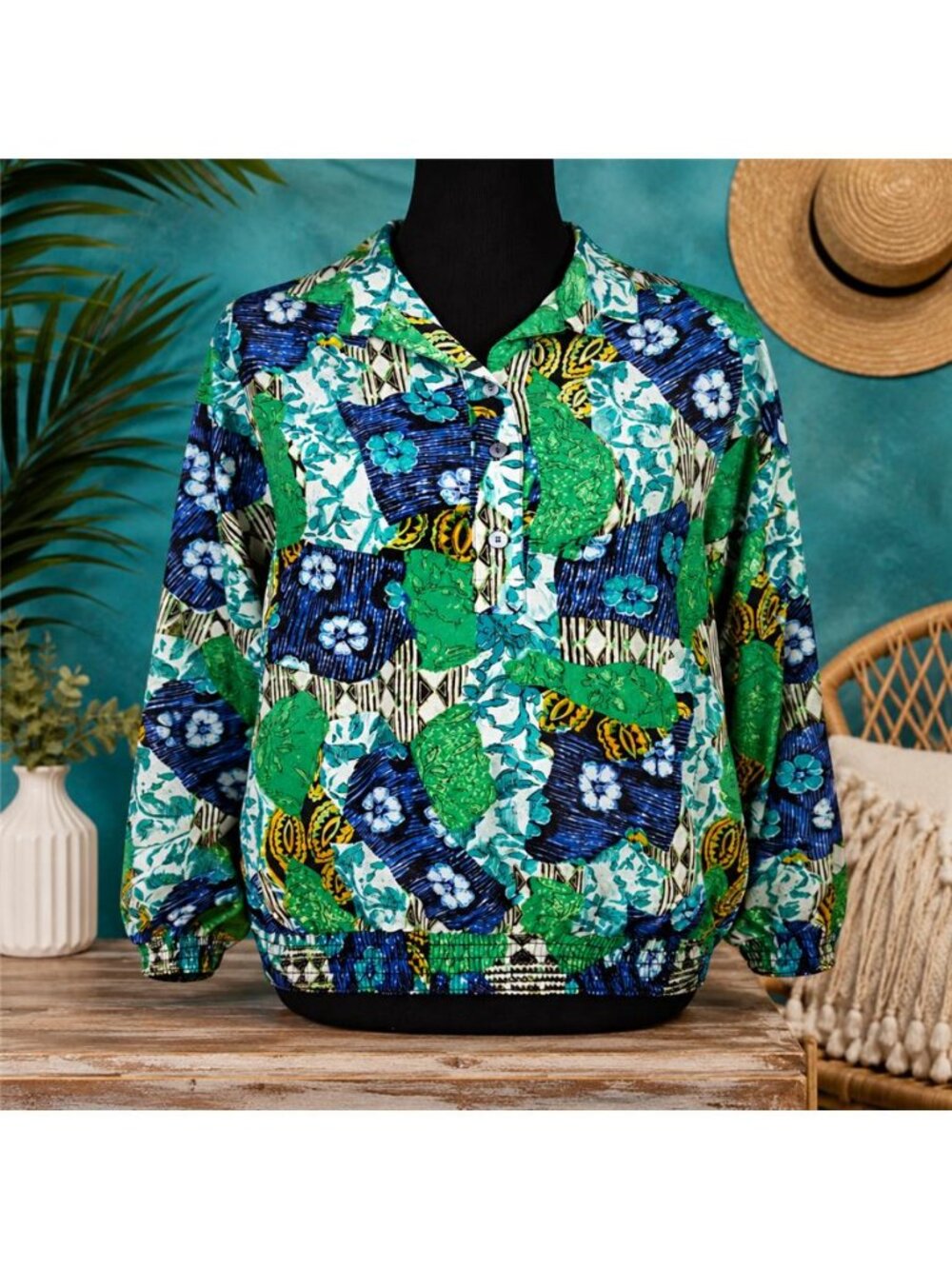 Green Blue 90s Retro Abstract Floral Blouse Elastic Hem Women M / 46" Chest - Picture 1 of 10